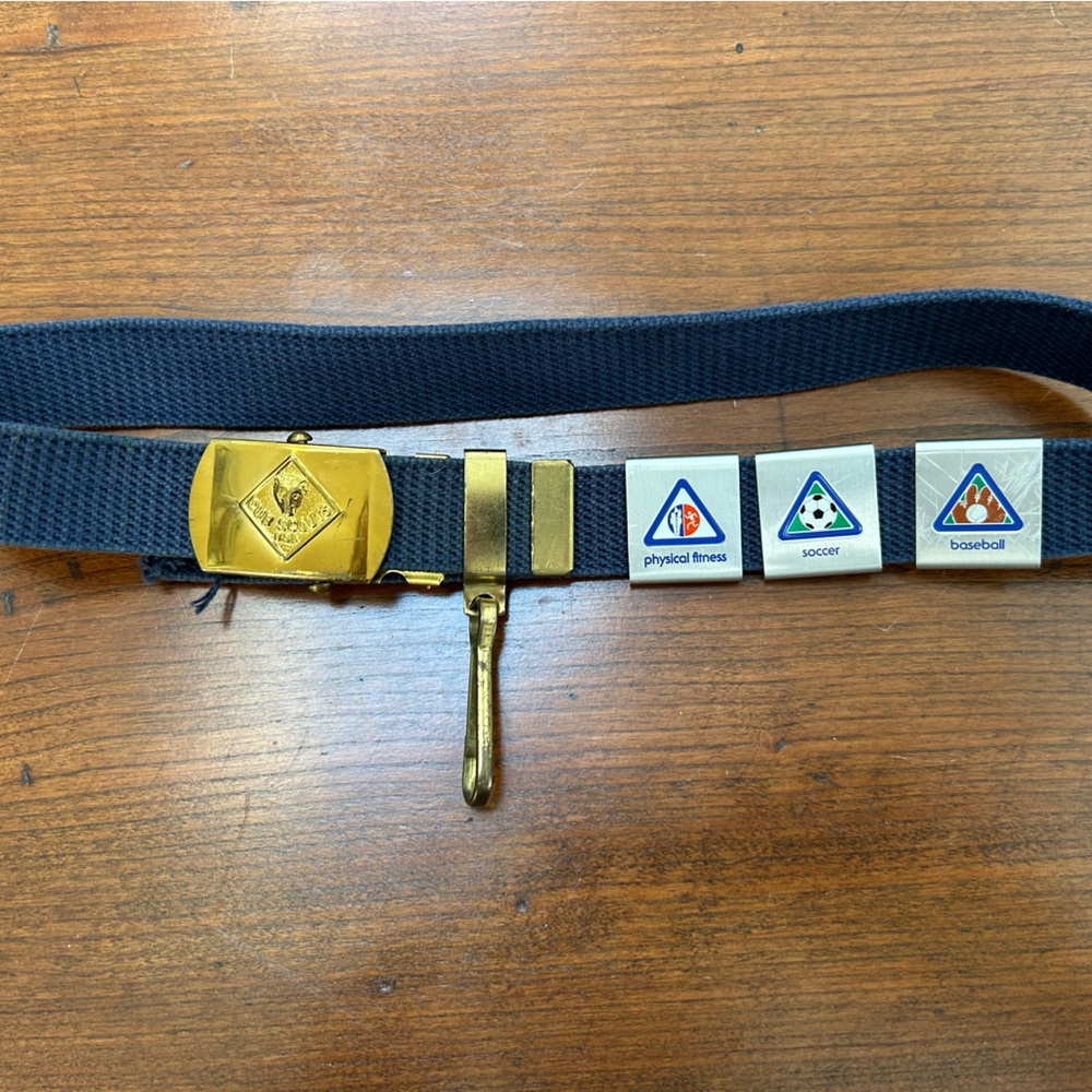 Boy Scout Navy Belt w/SolidBrass Gold Buckle & Patches & 3 merit badge slides.